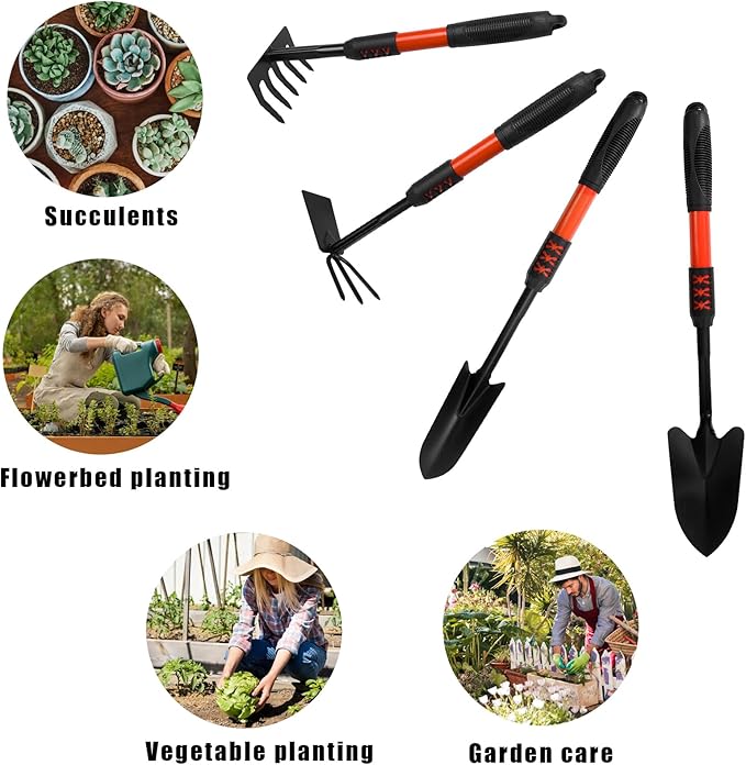 Luwint Gardening Tools Kit, Pack of 4 Garden Tool Set with Non-Slip Handle, Sturdy Classic Utility Tool Heavy Duty Steel Garden Tools with Long Ergonomic Handle for Maintaining Lawn Garden Vege