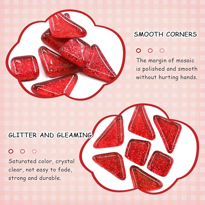 Swpeet 1 Pound Red Shine Crystal Series Mosaic Tiles Assortment Kit, Square and Triangle Genuine Mosaic Tiles Glitter Crystal Mosaic Perfect for Home Decoration Crafts