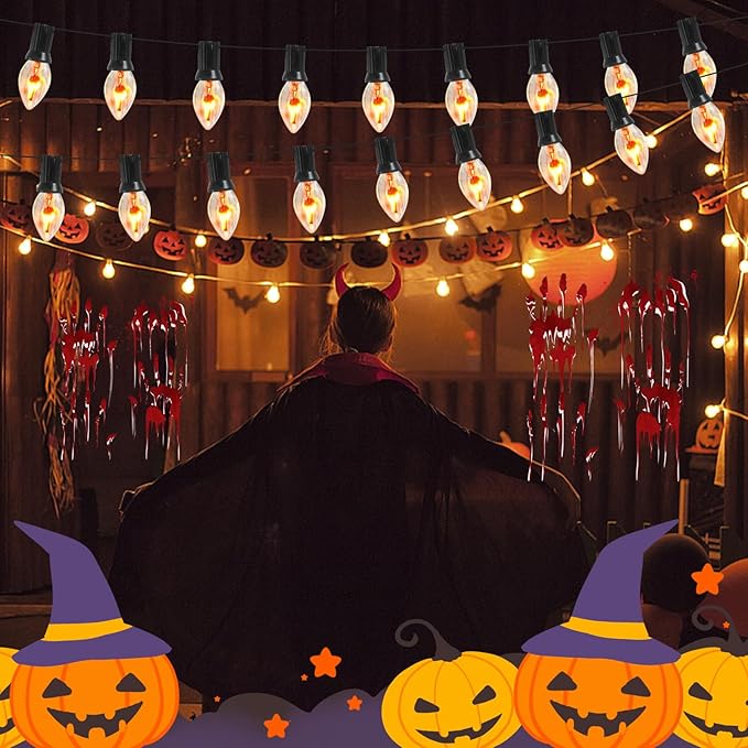 C7 Christmas Flicker Flame String Lights, 25Ft C7 Outdoor Christmas Decorations String Lights with C7 Clear Flicker Flame Bulbs, Hanging Patio Lights for Christmas Halloween Party Garden Porch-Black