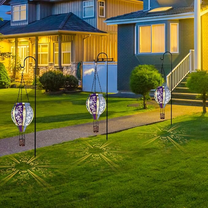 Starsoul Hot Air Balloon Solar Lantern with Flower Projection Metal Outdoor Waterproof Hot Air Balloon Solar Lights Hanging Lantern for Garden Yard Patio Decor