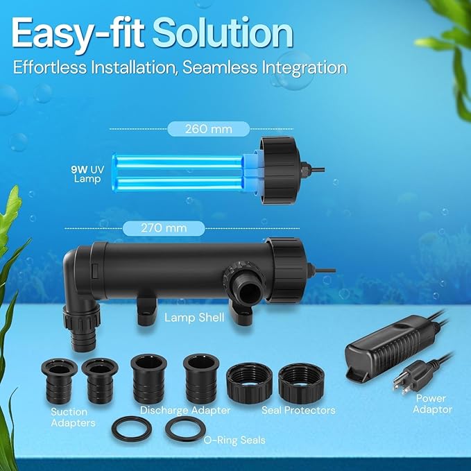Flexzion Pond UV Lights for Outdoor Ponds - 9W Small Light, 2113-Gal Capacity, 1500L/H UV Pond Clarifier for Outdoor Ponds, Clears Water in Days (CUV-109A)