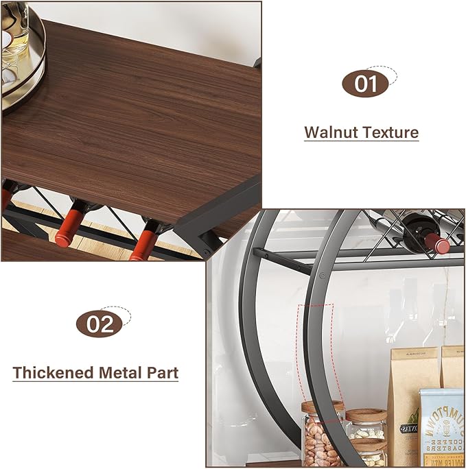 LVB Modern Gold Bar Cart, Industrial Rolling Serving Wine Cart with Wine Rack, Coffee Liquor Drink Cart with Storage and Wheels, Wood and Metal Kitchen Microwave Beverage Cart for Home, Walnut