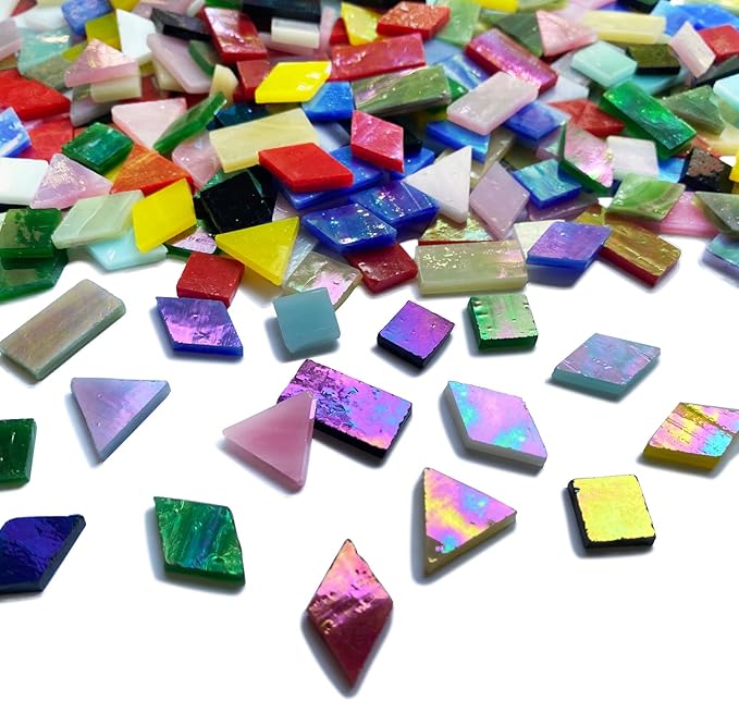 510 Pieces Iridescent Glass Mosaic Tiles for Crafts, Mixed 4 Shapes Colorful Stained Glass Pieces Supplies for Mosaic Projects, KALUCION Mosaic Kit for Adults, Assorted Rainbow Colors