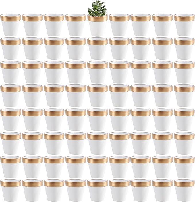 Yishang 72 pcs Small Mini White&Gold Clay Pots, 2.5'' Terracotta Pot Clay Ceramic Pottery Planter,Cactus Flower Terra Cotta Pots,Succulents Nursery Pots,with Drainage Hole,for Crafts,Wedding Favor