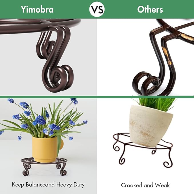 Yimobra 2 Pack Plant Stand for Flower Pot Heavy Duty Potted Holder Indoor Outdoor Metal Rustproof Iron Garden Container Round Supports Rack for Planter Bronze, Brown,11.8 Inches