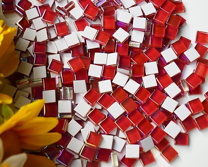0.66lbs Ruby Red Iridescent Mosaic Tiles, 3/8" Square Glass Pieces With Smooth Edges, Ideal for Making Supplies, Small Colored Glass Tiles for DIY Coaster Projects