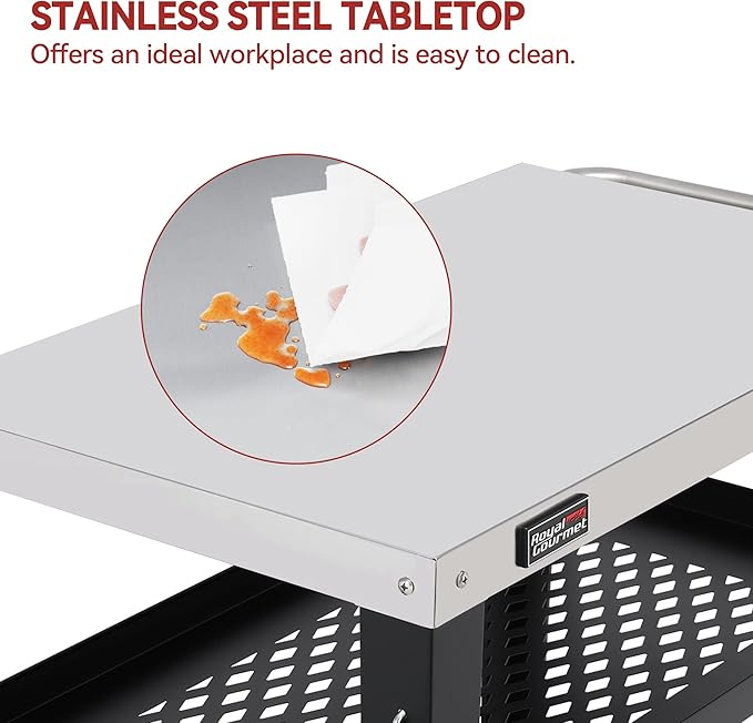 Royal Gourmet PC3404S Rolling Dining Table with Trash Bag Holder, Outdoor Garden Patio BBQ Kitchen Food Prep Table Cart, 34"L x 20"W Stainless Steel Tabletop, Silver & Black