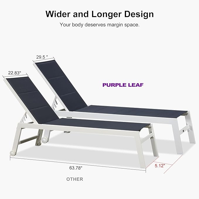 PURPLE LEAF Outdoor Chaise Lounge Set Oversize Adjustable Sunbathing Recliner Extra Wide Lounge Chairs with Side Table for Poolside Beach Outside Patio Aluminum Chaise Lounger Navy Blue 2 Sets