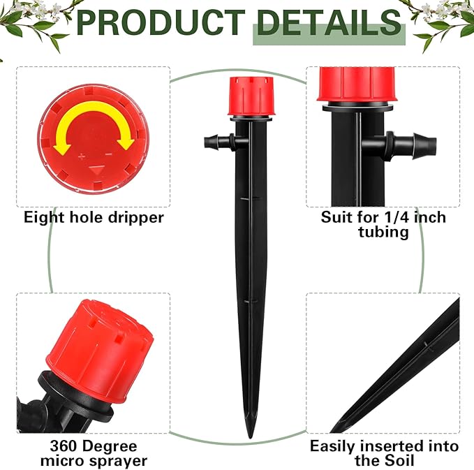120 Pcs Drip Irrigation Emitters for 1/4'' Drip Irrigation Tubing 60 Irrigation Emitters Sprayer 60 Adjustable 360 Degree Water Flow Drippers for Patio Lawn Garden Watering