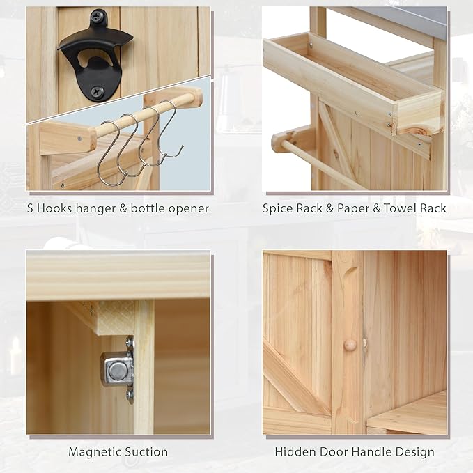 Grill Cart with Stainless Steel Tabletop - Outdoor Storage Cabinet for BBQ, Bar Patio Kitchen Island with Ample Storage and Lockable Wheels