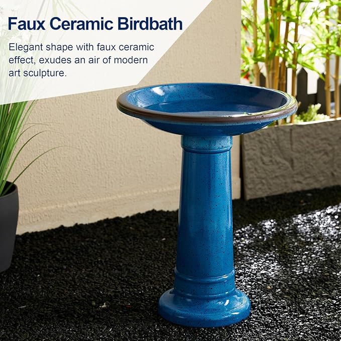 Glitzhome 21.5" H Plastic Cobalt Blue Faux Ceramic Bird Bath for Outside, Hand-Painted Tall Pedestal Style Birdbath for Outdoor Patio Garden Backyard Decking