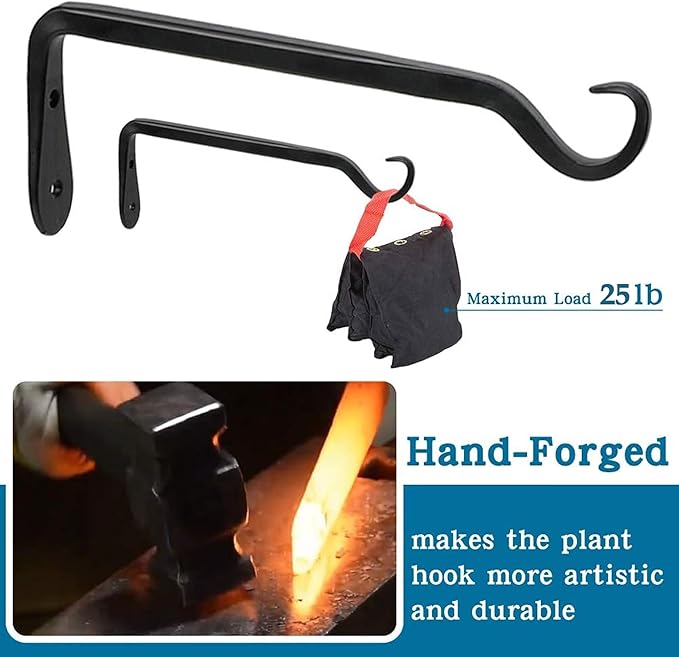 Worth Garden 6-Pack 7" Plant Hanger Bracket - Forged Wrought Iron Powder-Coated Heavy Duty Wall Hook - Black Plant Hanging Hooks - Durable and Stable for Bird Feeders, Planters Indoor & Outdoor
