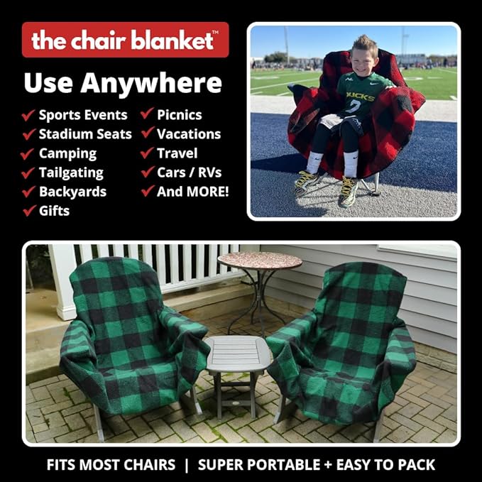 CITYBONFIRES The Chair Blanket – Reversible, Waterproof & Sherpa-Lined - Stretchable Elastic Back - Original Patio Chair Cover – Ideal for Homes and Outdoor Furniture- with Carry Pouch – Green Plaid