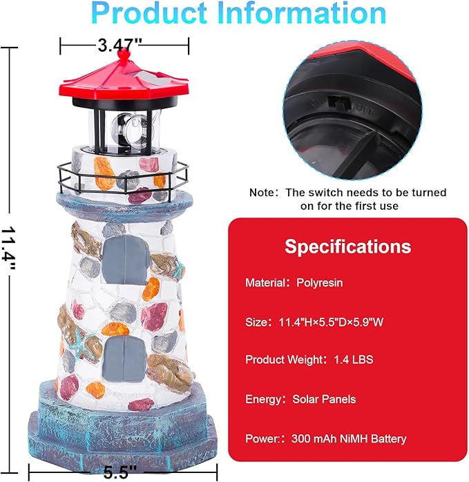 Solar Lighthouse with Rotating Beacon,11.4" Outdoor Garden Lighthouse Decor,Waterproof Statue Lighthouse Lamp for Yard Lawn Patio Gifts