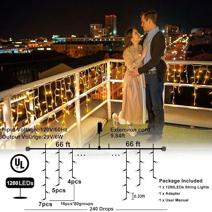 132ft Icicle Lights for Outside - 1280 LED Warm White Christmas Lights with 240 Twinkle Drops, 8 Modes Plug in Waterproof Timer Memory for Tree Wedding Party Window Patio Eave Yard Holiday Decoration