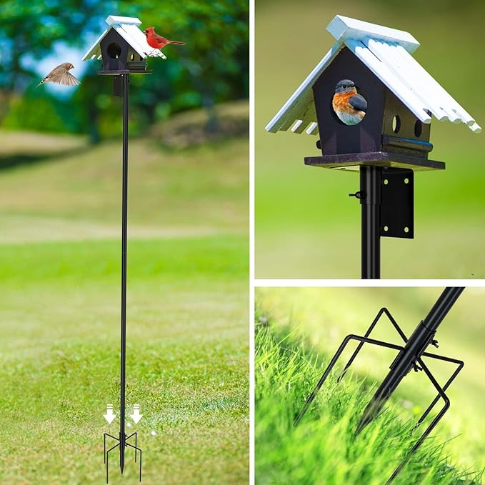 ERYTLLY Bird House Pole Mount Kit 80 Inch - Adjustable Hummingbird Bird Feeder Post Support Rod Universal Stand Set with 5 Prongs for Outdoor, Yard, Garden Decor, Black