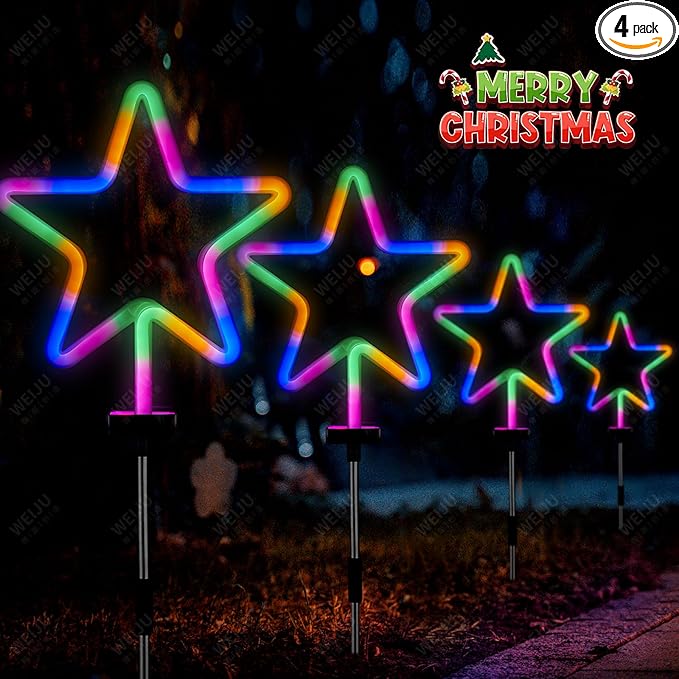 BlcTec Christmas Decorations Outdoor, 4PCS Neon Christmas Star String Lights with Stainless Steel Stakes, Waterproof Star Christmas Lights for Garden, Patio, Yard, Lawn, Pathway Xmas Décor, Multicolor