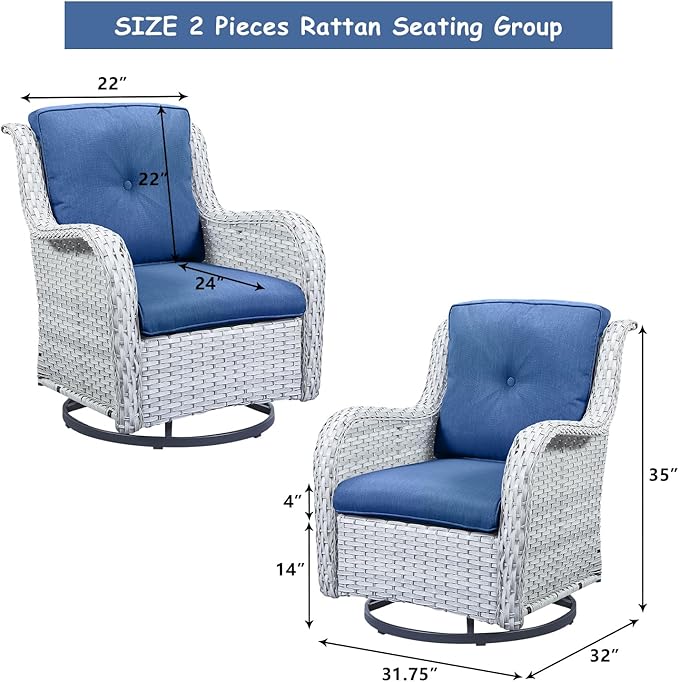 HUMMUH Outdoor Swivel Rocker Wicker Patio Chairs Set of 2,PE Rattan Rocking Chair Furniture Set(Light Grey,Blue)