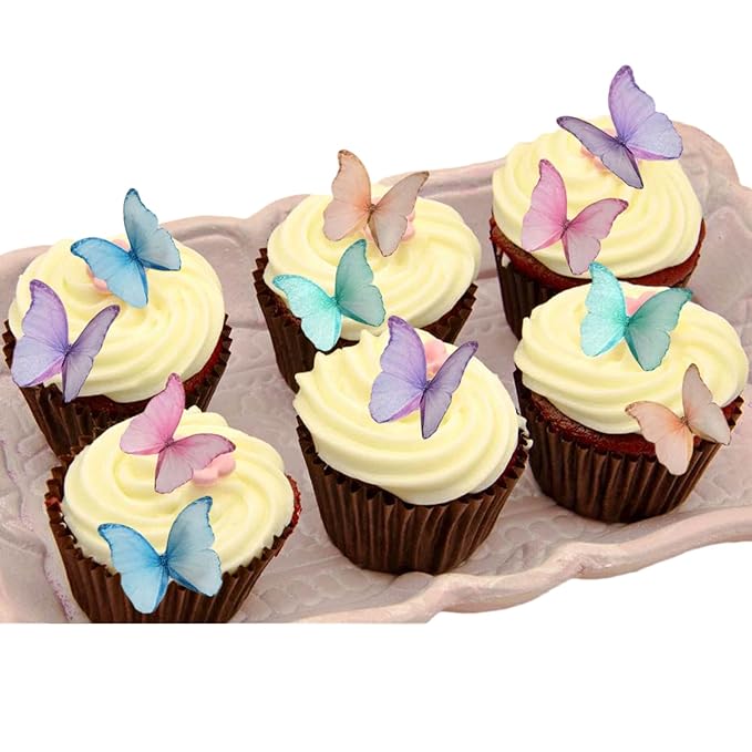 Weraru 48Pcs Edible Wafer Paper Butterflies Cupcake Topper Purple Pink Green Cake Decorations Mixed Color
