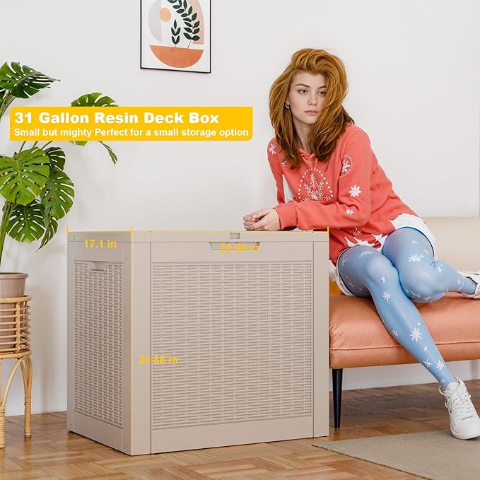 31 Gallon Outdoor Storage Box – Waterproof Deck Box for Garden & Patio,Light Brown