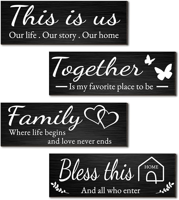 Joyhawk 4 Pieces Home Wall Decor Signs, THIS IS US/TOGETHER/BLESS THIS HOME/FAMILY Wall Decor For Living Room Bedroom, Rustic Wooden Farmhouse Wall Art Decor, 4.7 x 13.8 Inch(Black)