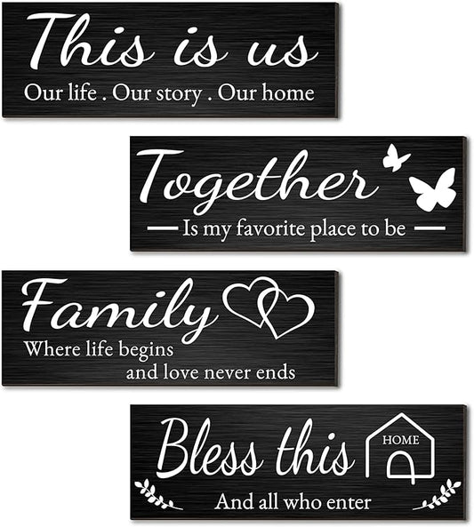 Joyhawk 4 Pieces Home Wall Decor Signs, THIS IS US/TOGETHER/BLESS THIS HOME/FAMILY Wall Decor For Living Room Bedroom, Rustic Wooden Farmhouse Wall Art Decor, 4.7 x 13.8 Inch(Black)