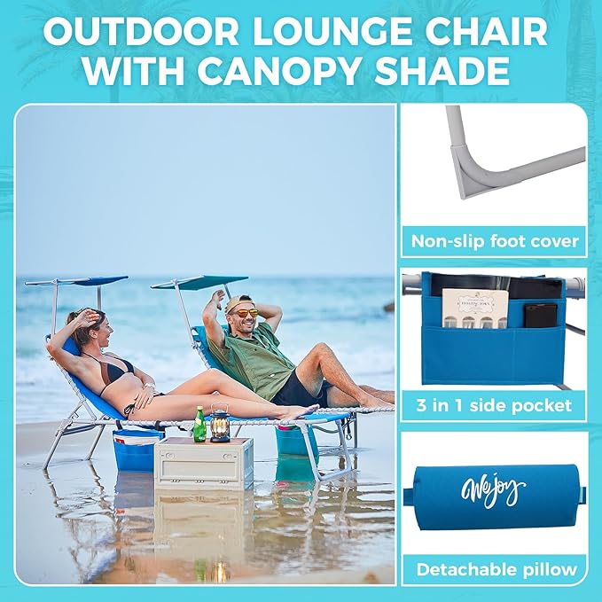 #WEJOY Folding Lounge Chair with Canopy Shade, Portable Adjustable 5-Position Patio Chaise Lounger with Pillow & Storage Pocket for Lay Flat Outdoor Lawn Backyard Beach Camping Pool Tanning (Blue)