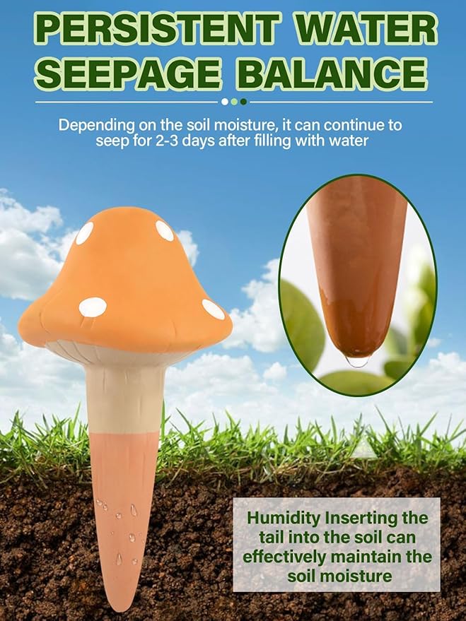 Kalolary 4Pcs Plant Watering Globes, Self Watering Spikes Terracotta Drip Water Stakes Irrigation Watering Bulbs for Pot, Indoor, Outdoor, Vacation (Mushroom)