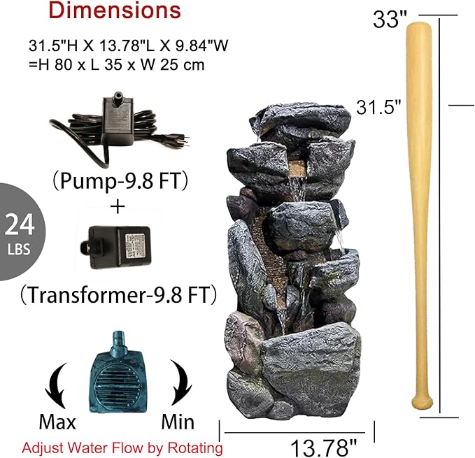 Water Features Outdoor Patio 6-Tier Cascading Rock Water Fountain 31.5''Water Fall Fountain Outside Resin Fountain with Light Mossy Rock Floor Garden Fountain Indoor for Relaxation Home Decor