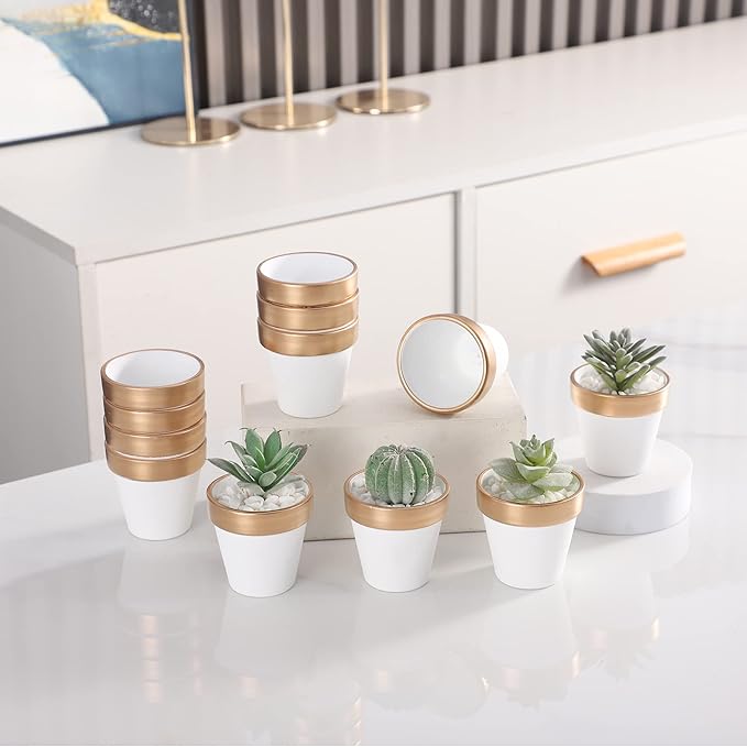 Yishang 72 pcs Small Mini White&Gold Clay Pots, 2.5'' Terracotta Pot Clay Ceramic Pottery Planter,Cactus Flower Terra Cotta Pots,Succulents Nursery Pots,with Drainage Hole,for Crafts,Wedding Favor