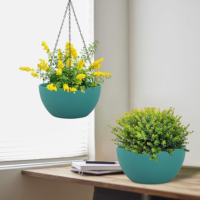 12 inch Large Hanging Planters for Indoor Outdoor Plants, 2 Pack Hanging Flower Plant Pots with Drainage Holes and Chain for Garden Porch, Plastic Hanging Baskets for House Plants, Blue Green