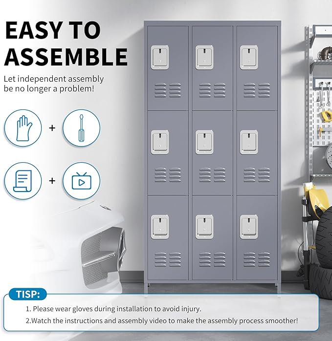 Metal Lockers for Employees, Storage Employee Locker, 72" Storage Lockers with Shelves Steel Cabinet for Home (Gray, 9 door-72'')