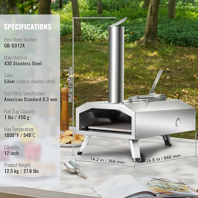 VEVOR Dual Fuel Pizza Oven Outdoor, 12 Inch Wood Fire & Propane Gas Pizza Oven, Pellet & Propane Pizza Maker with Thermometer, Foldable Leg, Stainless Steel Pizza Cook for Outside Camping & Backyard
