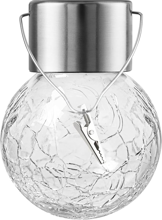 PARTPHONER 12 Pack Hanging Solar Lights Outdoor, Waterproof Solar Globe Lantern with Handle and Clip, Decorative Cracked Glass Ball Lights for Christmas Decor, Tree, Yard, Garden, Patio (Cold White)