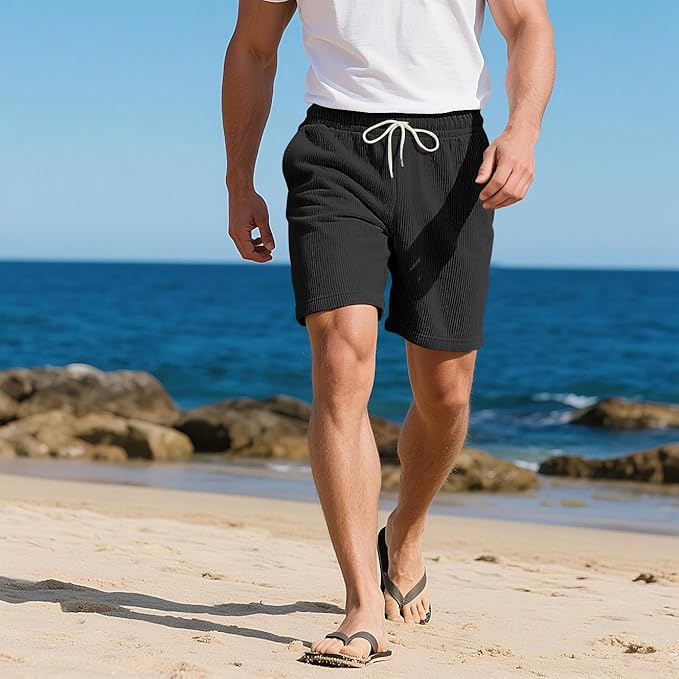 Mens Cargo Shorts Casual Drawstring Elastic Waist Corduroy Summer Beach Shorts with Pockets