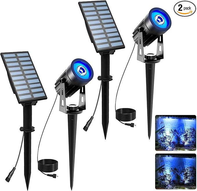 T-SUNUS Halloween Solar Landscape Spotlights 2 Pack Metal, Outdoor Waterproof IP65 Blue Spot Lights Separated Panel with 9.8ft Cable Auto On/Off for Christmas Tree Garden Driveway Pathway Pool