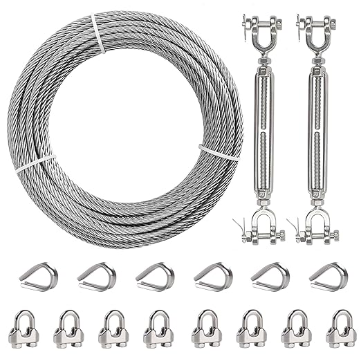 1/4" Wire Rope Kit, 100ft Stainless Steel Cable with 2Pcs 1/4 Turnbuckle, Clamp & Thimble, 7x19 Strands Heavy Duty Metal Cable,1400 lbs Load Limit, Turnbuckles for Cables Wire, Zipline