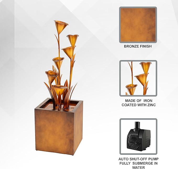 XBrand Freestanding Sculptural Metal Multi-Tiered Flower Water Fountain, No LED Lights, Bronze, 46" Tall