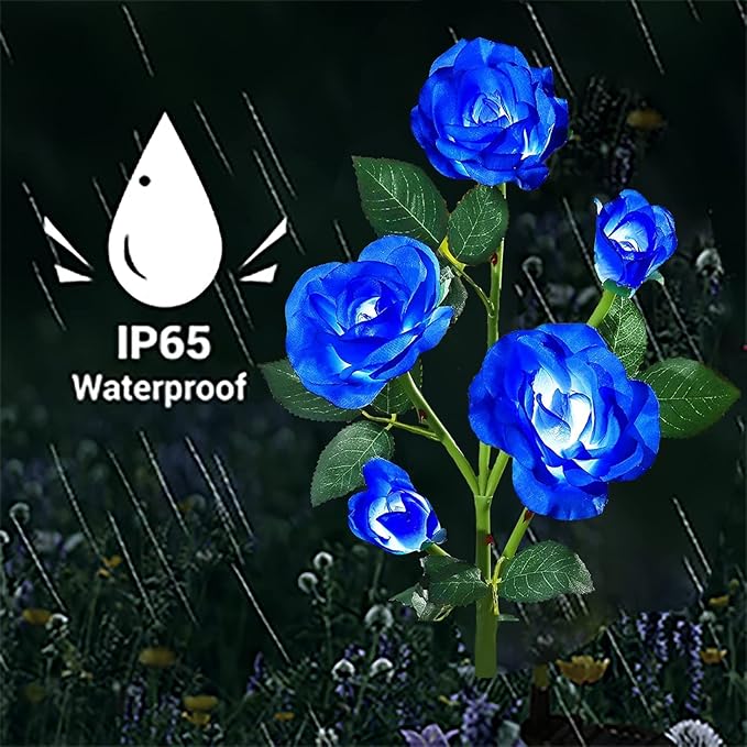 ANGMLN 2 Pack Solar Garden Lights, Solar Flower Lights Outdoor Waterproof with 10 Head Blue Rose 7-Color Changing Landscape Light for Garden Yard Pathway Patio Grave Cemetery Decoration
