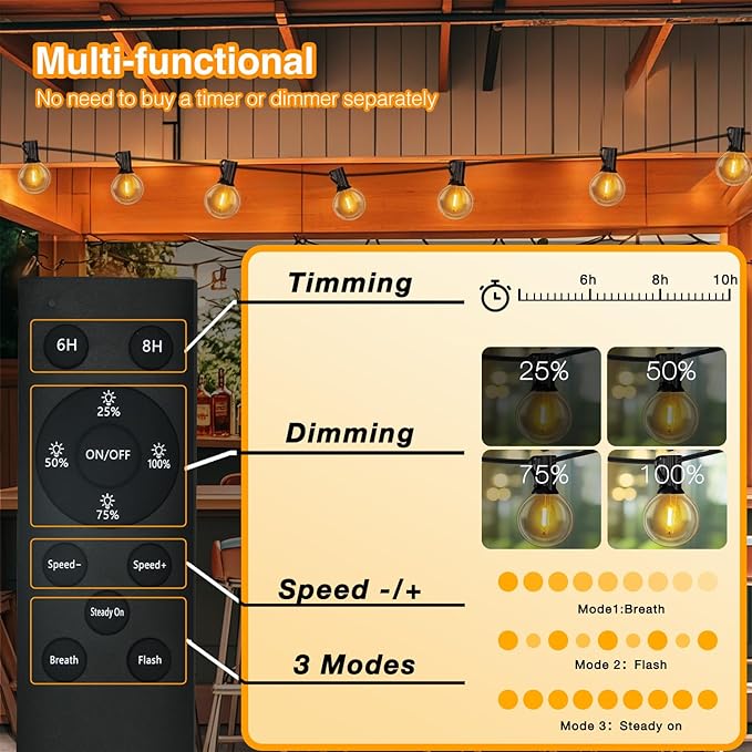 DAYBETTER 50FT Solar String Lights Outdoor Waterproof with 5W Panel Long Last for 20+Hrs&Remote,25 LED Bulbs Dimmable&Timer,Patio Lights 3 Installation-Clips,Stakes&Nails for Outside Porch Garden