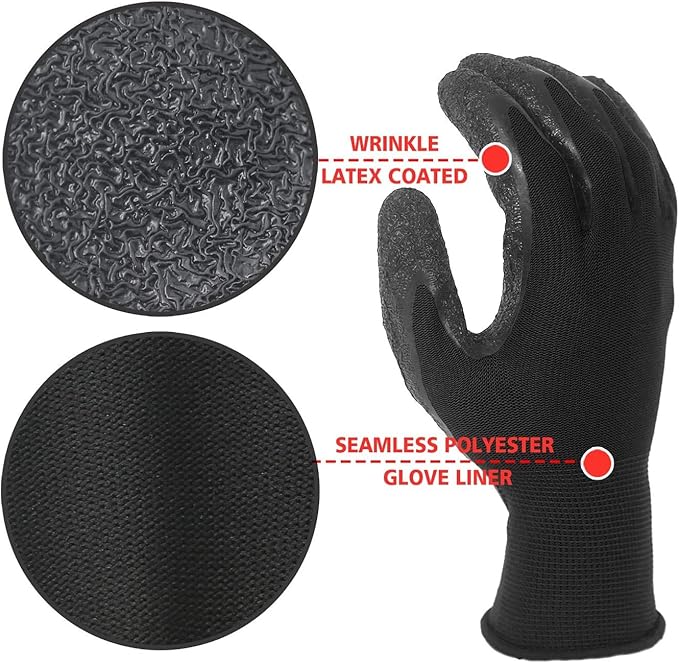 Evridwear Crinkle Latex Rubber Hand Coated Safety Work Gloves for Men Women General Multi Use Construction Warehouse Gardening Assembly Landscaping (XS-Size) 12 Pairs Pack