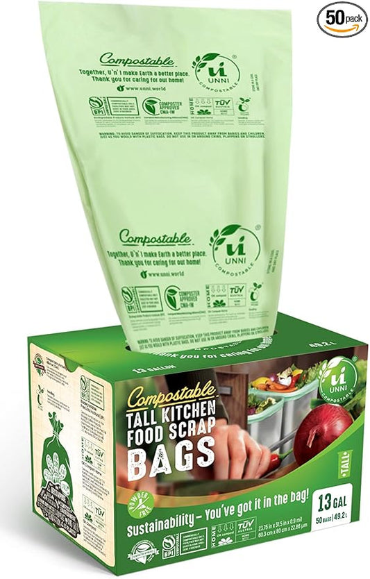 UNNI Compostable Trash Bags, 13 Gallon / 49.2 Liter, 50 Count, Extra Thick 0.9 Mil Tall Kitchen Food Scrap Bin Liners, Certified by BPI, CMA & OK compost HOME, Meets the ASTM D6400 Standard