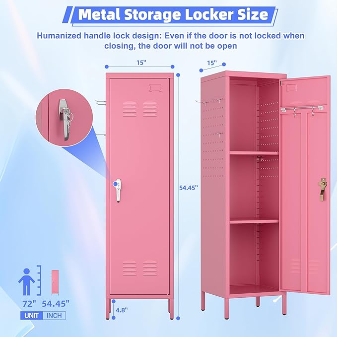 METAN Metal Storage Lockers with Handle Lock and 2 Adjustable Shelves,Office Storage Locker with Pegboards and Hooks,Assembly Required,Pink