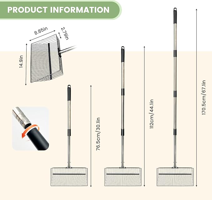 Chicken Poop Scooper for Sand + Work Gloves，Chicken Coop Scoop with 30" to 67" Adjustable Stainless Steel Long Handle，Sifting Shovel，Poop Scooper for Chicken Coop Rake，Farm Animals，Cleaning Tools