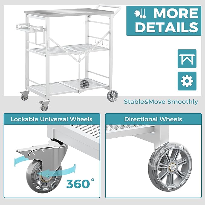 Ciokea Folding Outdoor Grill Cart with Wheels, 3-Shelf Grill Table with 27x18 in Stainless Steel Top, Rolling Pizza Oven Stand, Metal Portable Cart for BBQ Patio Camping (White)