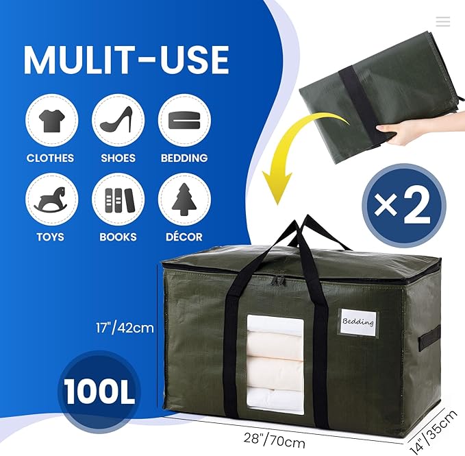 TAILI 2 Pack Green Extra Large Storage Bags, Heavy Duty Totes with Visible Window, Wrap Around Handles, Perfect for Moving