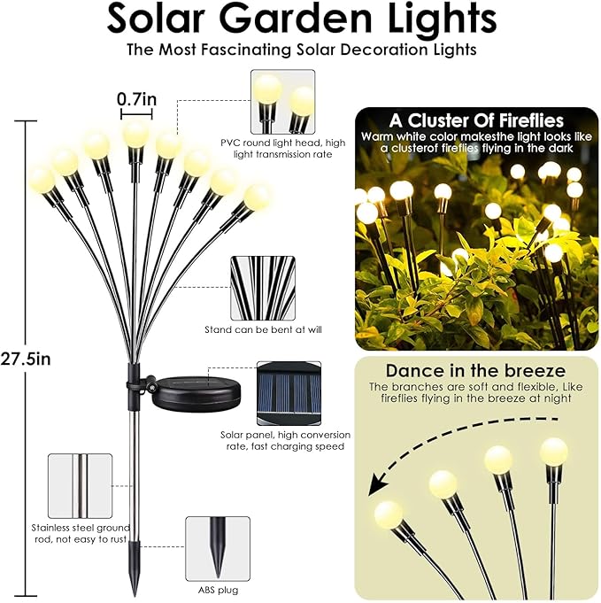 2025 Solar Lights Outdoor Waterproof , 8 Pack Solar Garden Lights, Solar Firefly Lights Outdoor Waterproof, Solar Twinkle Swaying Fairy Light for Yard Patio Pathway Garden Decoration (Warm White)