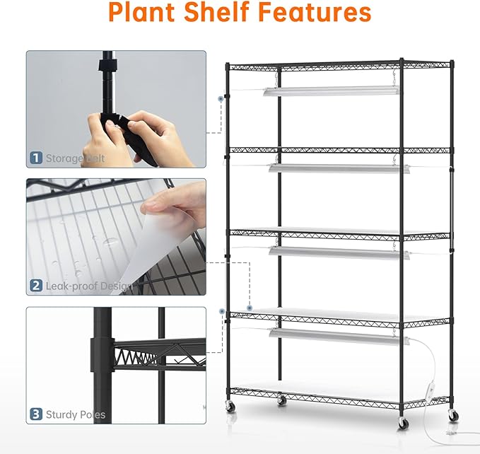 Plant Shelf with Grow Lights, 5 Tier Large Tall Plant Stand with 3FT T5 144w Grow Light for Indoor Plants, 3 Mode Full Spectrum LED Plant Light with wheel and Timer for Seedling, 47.2x17.8x71IN