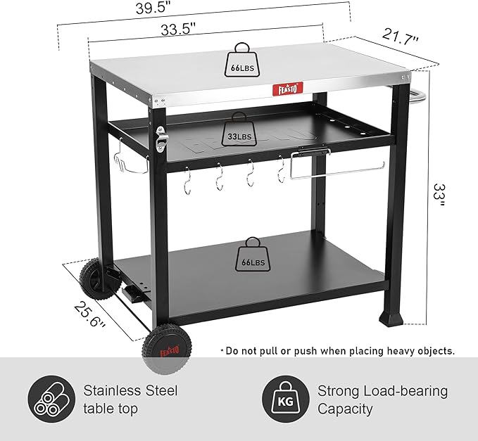 Three-Shelf Movable Food Prep and Work Cart Table, Home and Outdoor Multifunctional Stainless Steel Table Top Worktable on Two Wheels, L39.5''x W25.6''x H33'', Cover Included