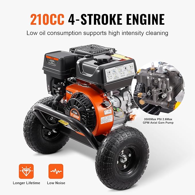 VEVOR Gas Pressure Washer, 3500 PSI 2.6 GPM, Gas Powered Pressure Washer with Aluminum Pump, Spray Gun and Extension Wand, 5 Nozzle Set, for Cars, Fences, Homes, Driveways, Patios Furniture Horizontal